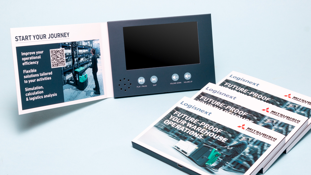A6 landscape Video Brochure with 5 inch screen and buttons to play more than one video