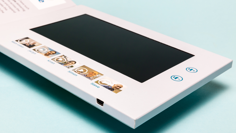 Recruitment - A5 landscape Video Brochure with 7 inch screen and individual play buttons for 5 videos