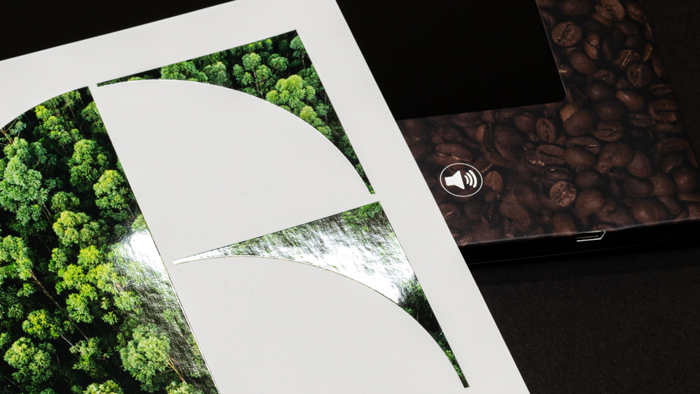 A5 landscape Video Brochure with 7 inch screen and spot UV varnish on matt laminate finish